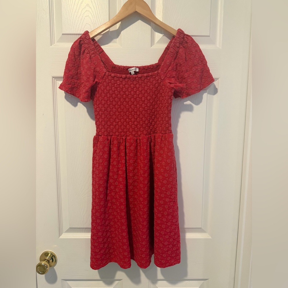 Madewell Vibrant Red Peasant Dress Eyelet Pattern with Stretch Top Size Small